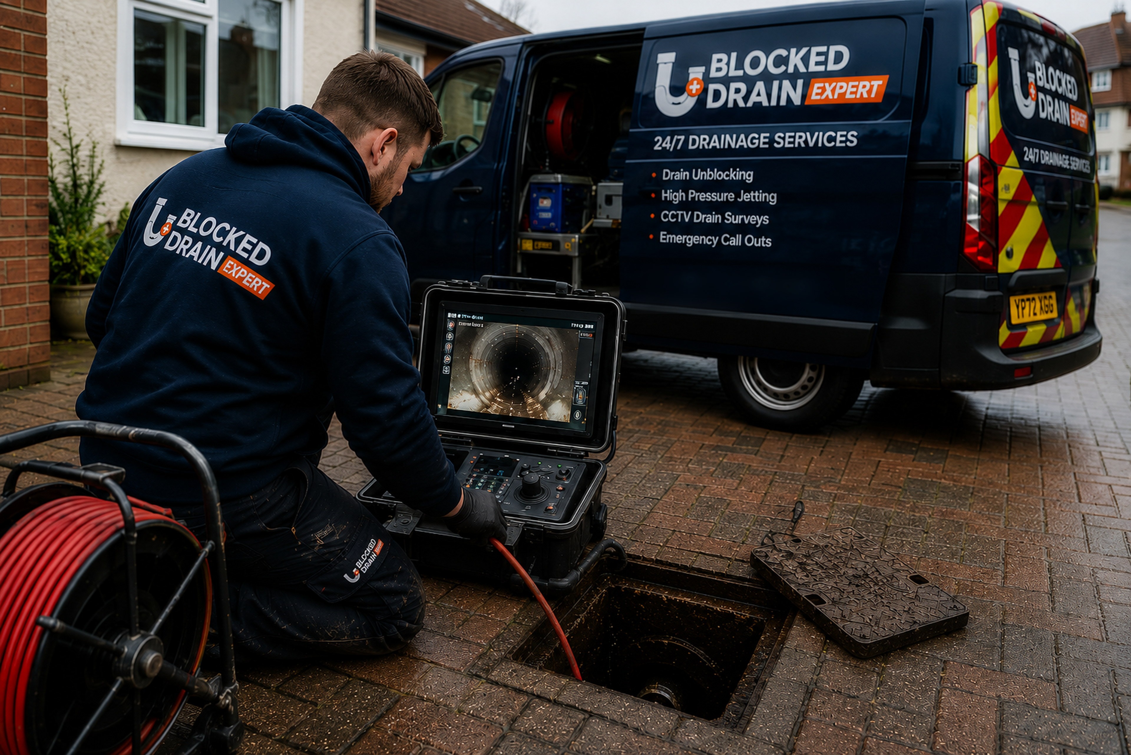Blocked Drain Expert engineer carrying out a CCTV drain inspection beside a branded BDE service van